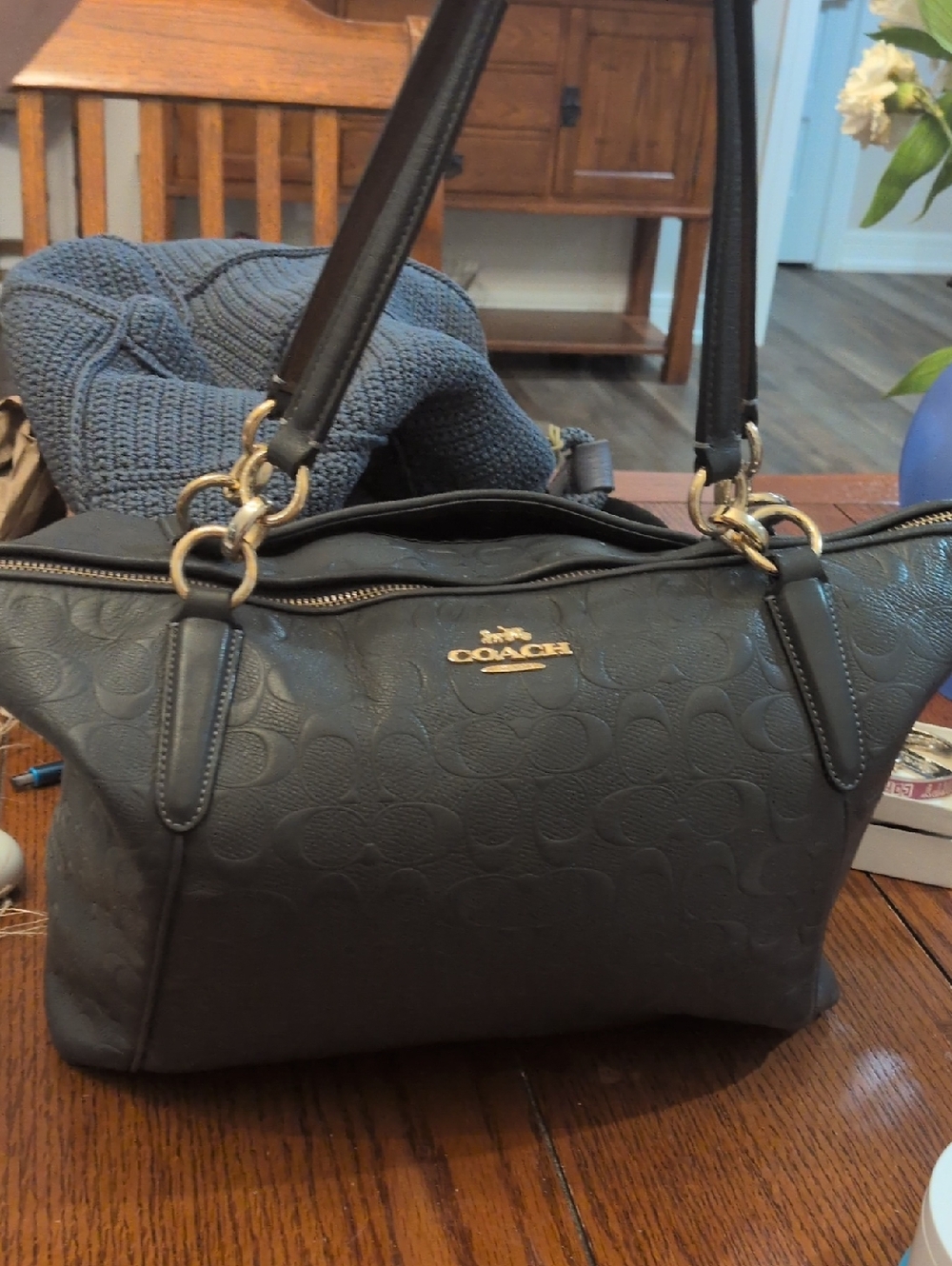 Coach Signature Dark Blue Embossed Tote with Gold Hardware